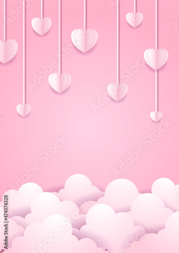 Valentine's day concept posters. Vector illustration. 3d red and pink paper hearts with frame on geometric background. Cute love sale banners or greeting cards