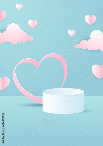 Valentine's day concept posters. Vector illustration. 3d blue and pink paper hearts with frame on geometric background. Cute love sale banners or greeting cards