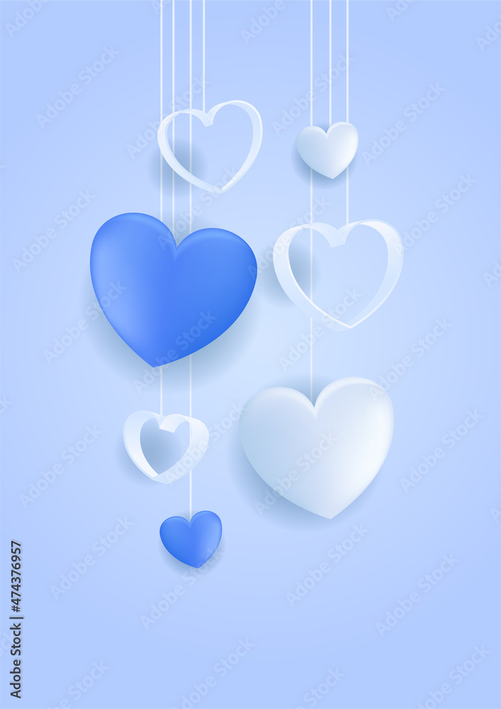 Happy Valentine's Day banner. Holiday background design with big heart made of blue Origami Hearts on blue fabric background. Horizontal poster, flyer, greeting card, header for website