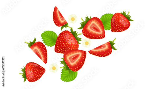 Fresh strawberry fruits flying and leaves with strawberries of pieces element in the middle on white background. Realistic 3D vector illustration.