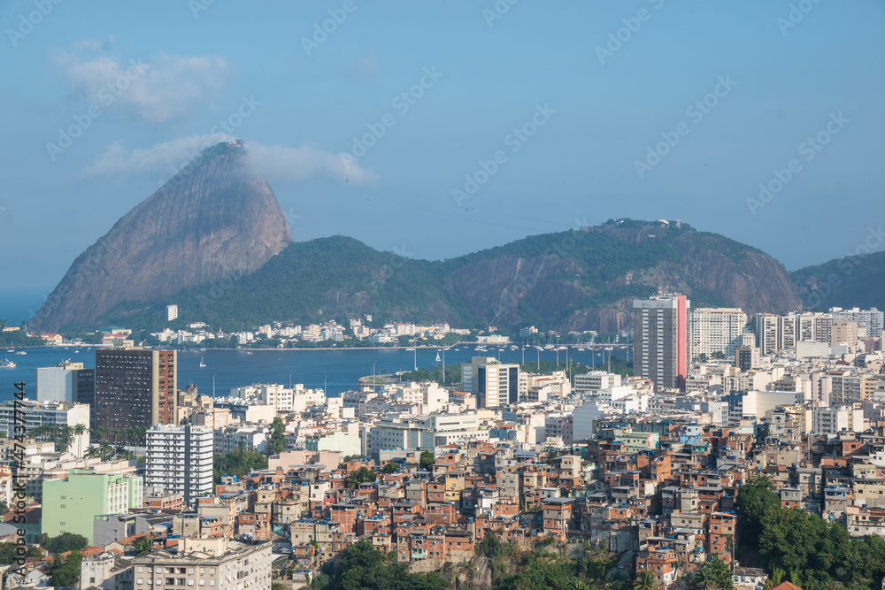 Beautiful view of Sugarloaf Mountain (Morro do Pão de Açúcar) from a belvedere at Parque das Ruínas - Rio de Janeiro, Brazil