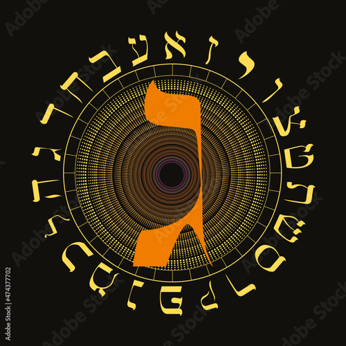 Vector illustration of the Hebrew alphabet in circular design. Hebrew letter called Gimel large and reddish orange.