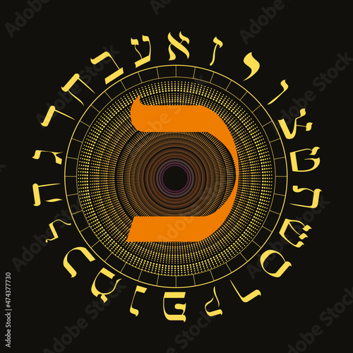 Vector illustration of the Hebrew alphabet in circular design. Hebrew letter called Kaph large and reddish orange.
