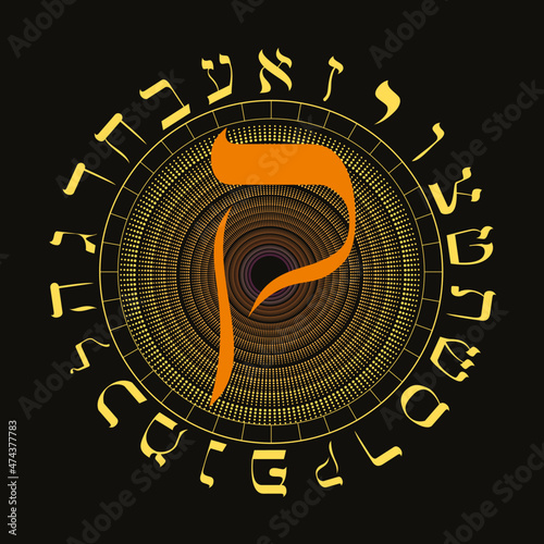Vector illustration of the Hebrew alphabet in circular design. Large reddish orange Hebrew letter called Qoph.