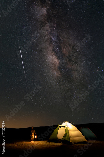 Stampa su Tela Curious child silhouette at starry night with Perseid meteor shower near ten