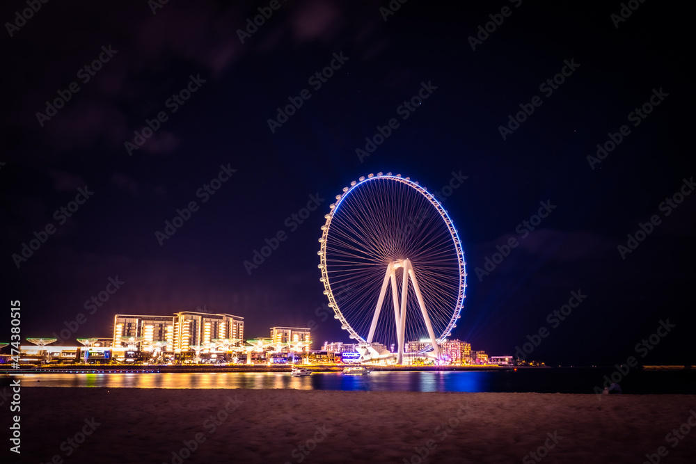 Beautiful night view of the Ain Dubai, the world's largest Ferris wheel on Bluewaters Island at the Dubai Marina district, Dubai, UAE