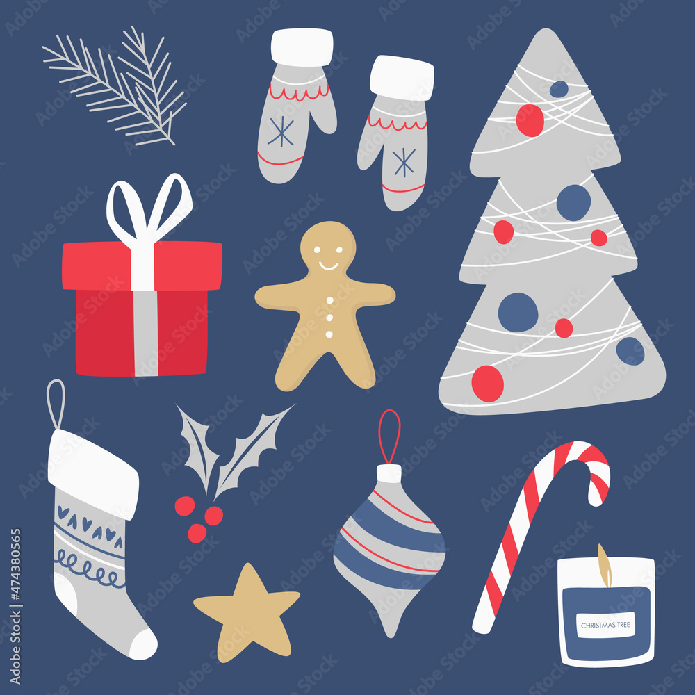 Fototapeta premium Christmas stickers set. Hand drawn winter elements - gift, candle, pine, mittens, star, sock. Christmas illustration for card, poster, stickerpack, web, logo, scrapbooking, patterns.