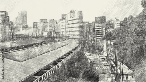 art drawing black and white of cityscape background