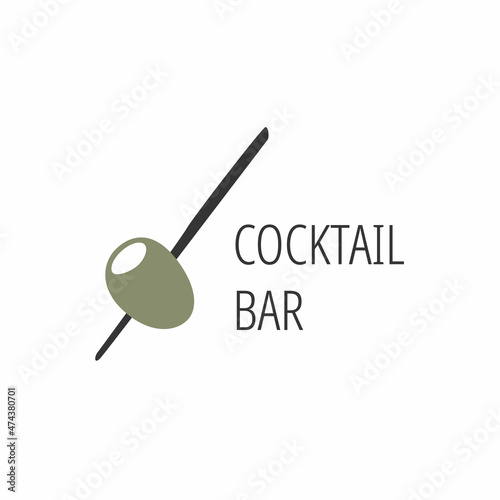 Minimalistic logo for alcoholic bar, shop, restaurant. Green olive on a skewer on a white background with the inscription "cocktail bar".
