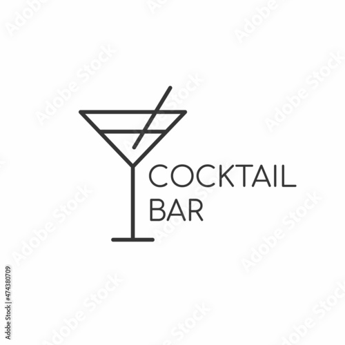 Minimalistic logo for alcoholic bar, shop, restaurant. Martini cocktail glass with a straw on a white background with the inscription "cocktail bar".