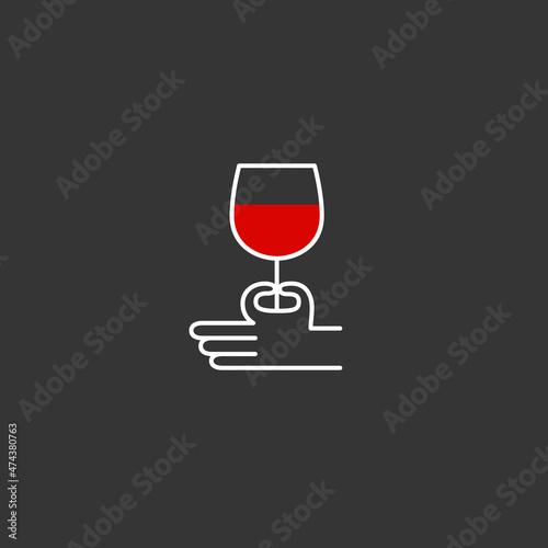 Minimalistic logo of an alcoholic establishment. Logo for a bar, shop, restaurant. Glass with red wine in hand. Isolated over black background.