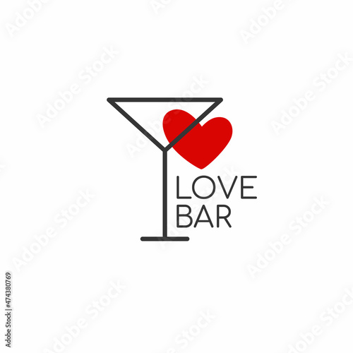 Minimalistic logo for alcohol bar, shop, restaurant. A martini glass on a white background with the inscription "cocktail bar" and a trace of lips with red lipstick.