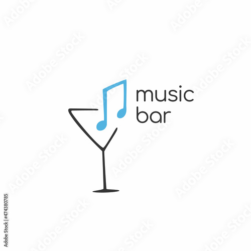Minimalistic logo of an alcoholic establishment. Logo for a bar, shop, restaurant. Martini glass decorated with sheet music and the words "music bar".