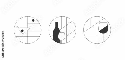 Minimalistic abstract khaki green and white set. Painting for an alcoholic bar, shop, restaurant. Glass and bottle for red wine, martini. Nothing extra.