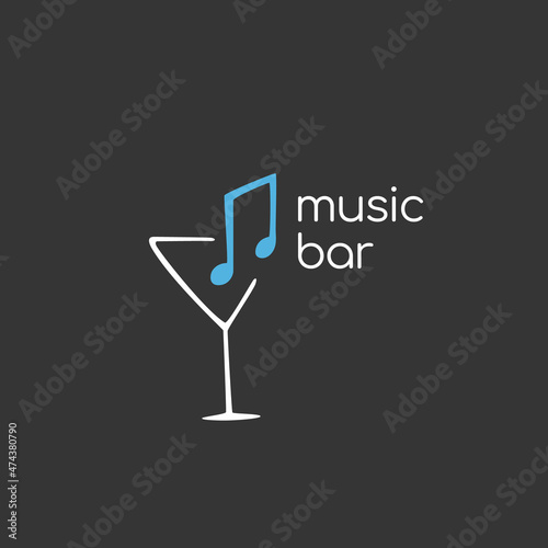 Minimalistic logo of an alcoholic establishment. Logo for a bar, shop, restaurant. Martini glass, decorated with a musical note and the words "music bar".