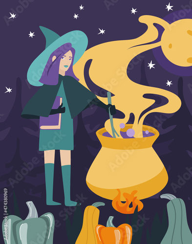 Hallowe'en. The spirits of the dead return to earth. I put A Spell On You. A witch brews a potion in a cauldron with a magic wand on a dark background.