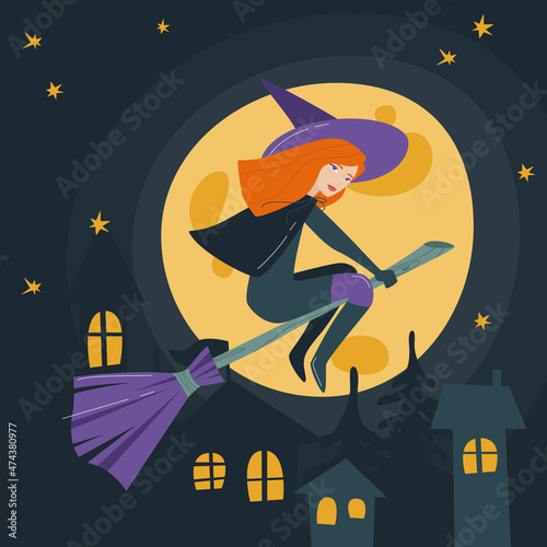 Hallowe'en. The spirits of the dead return to earth. I put A Spell On You. A witch flies on a broomstick over the city against the backdrop of a full moon. Vector illustrationd.