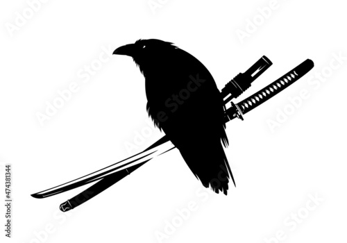 samurai katana sword and raven bird - japanese martial arts black and white vector design