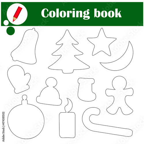 Educational game for children. Christmas coloring book. Items bell  tree  star  moon  mitten  hat  sock  man  Christmas ball  candle  lollipop