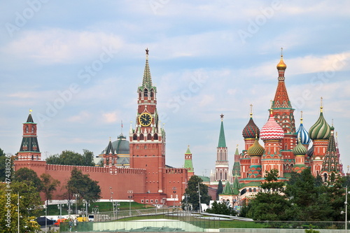Moscow, Russia - September 12, 2021: Autumn view of the Cathedral of the Intercession of the Most Holy Theotokos on the Moat (St. Basil's Cathedral) and the towers of the Moscow Kremlin