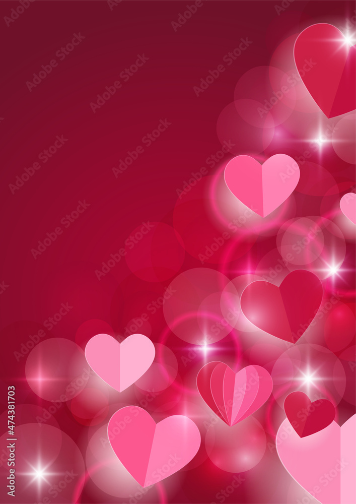 Red, pink and white hearts with shiny confetti isolated on red background. Vector illustration. Paper cut decorations for Valentine's day design