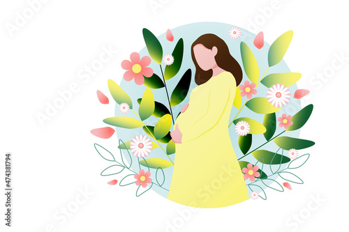 Pregnant woman on a summer background with flowers, motherhood. Vector illustration