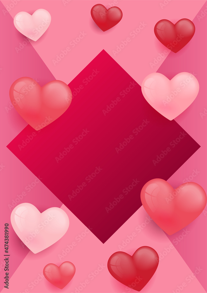 Red, pink and white hearts with shiny confetti isolated on red background. Vector illustration. Paper cut decorations for Valentine's day design