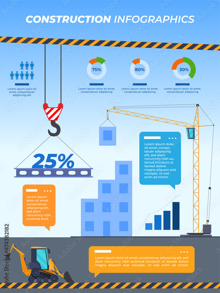 Construction machinery infographic poster place for text vector illustration house road building