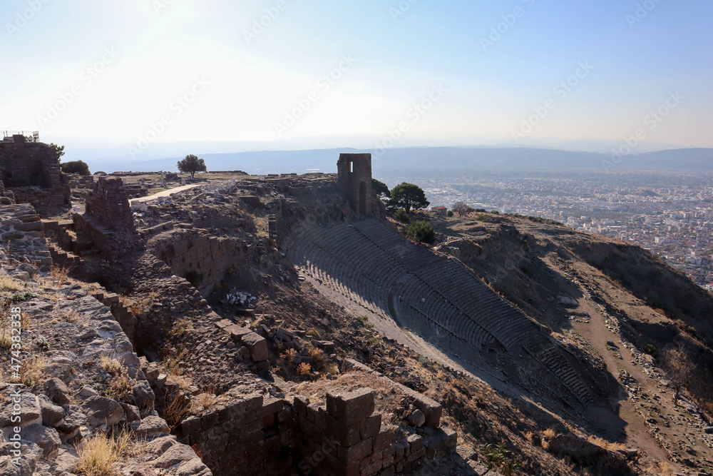 ancient theatre of Pergamon with modern city Bergama on the background