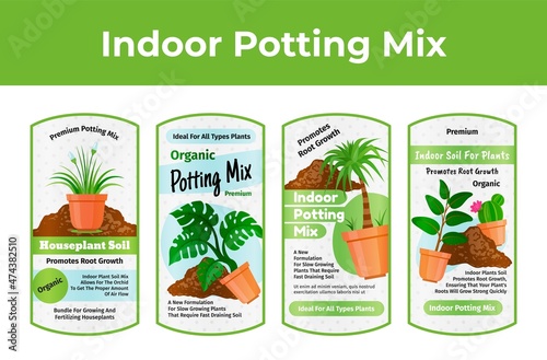 Indoor potting gardening mix sticker set vector flat illustration. Planting flowers in pot package