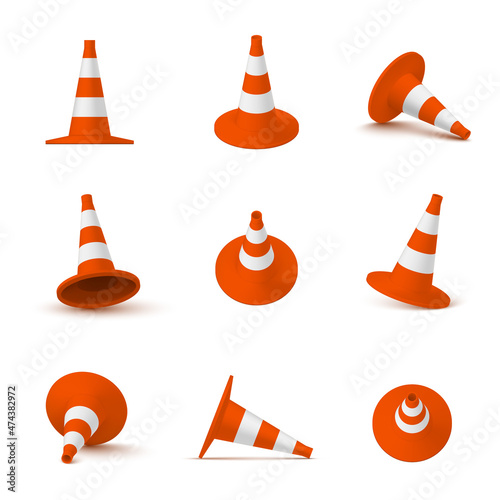 Fototapeta Naklejka Na Ścianę i Meble -  Striped traffic cones in various position set realistic vector. Plastic safety highway construction