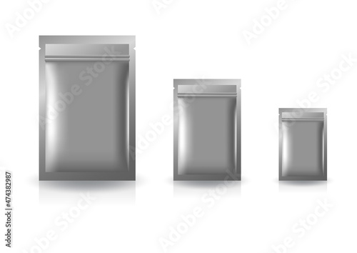 Silver gray standing ziplock bag (3 sizes) for food or healthy product mockup template. Isolated on white background with shadow. Ready to use for package design. Realistic 3d vector illustration.