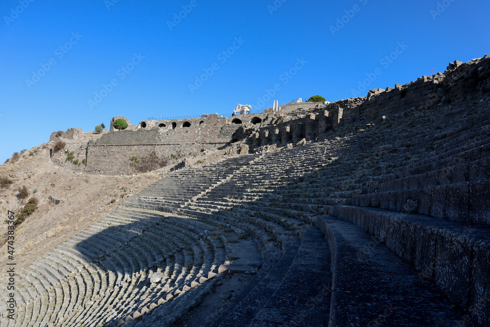 scenic view of ancient amphitheatre in Pergamon ruined city, Turkey - one of the largest and steepest theatre in the world