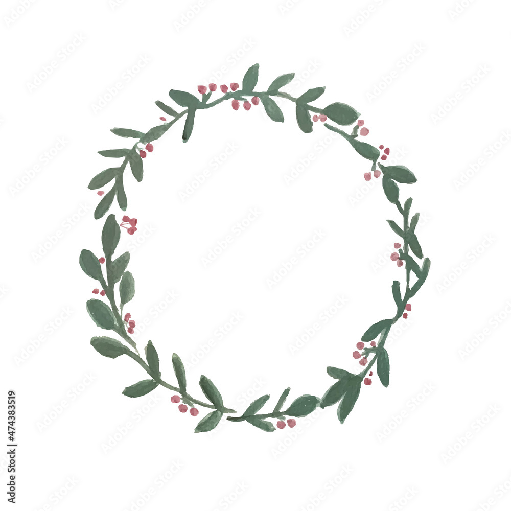 Decorative isolated simple watercolor green forest wreath