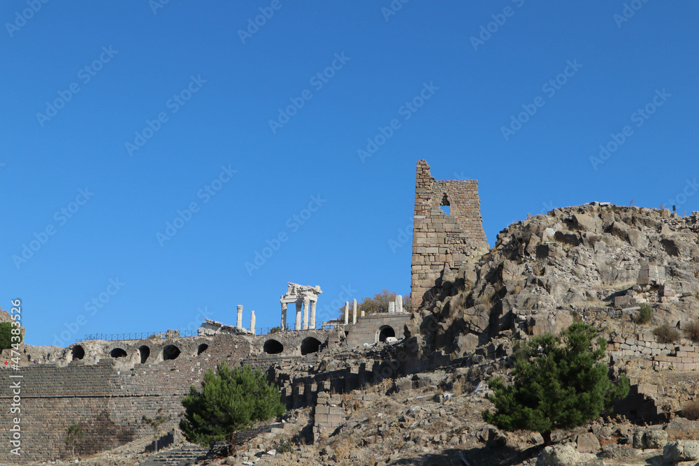 Panoramic view to the archaeological site Pergamon in Turkey with ancient theatre and acropolis
