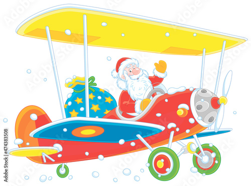 Santa Claus flying on a colorful plane through snowfall and carrying a large magical bag of winter holiday gifts for little children, vector cartoon illustration isolated on a white background