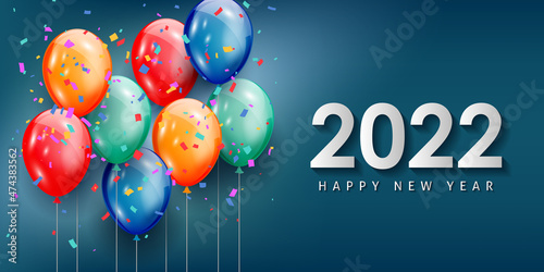 Happy new year 2022 greeting card with realistic colorful balloons celebration background design for greeting card, poster, banner. Vector illustration.