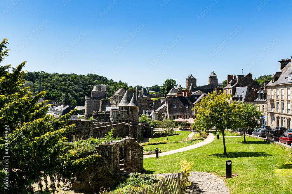Fototapeta premium View from the viewpoint of the medieval fortified Castle of Fougeres.Blue sky on a clear sunny summer day. City of Fougeres, department of Brittany,France.