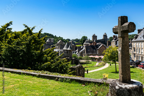 View from the viewpoint of the medieval fortified Castle of Fougeres.Blue sky on a clear sunny summer day. City of Fougeres  department of Brittany France.