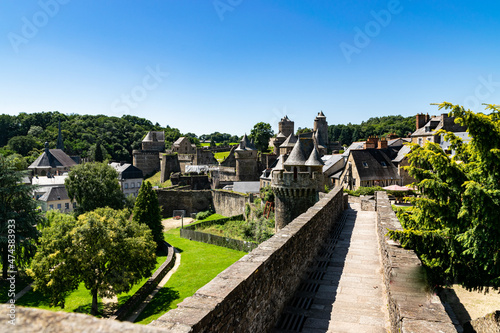 View from the viewpoint of the medieval fortified Castle of Fougeres.Blue sky on a clear sunny summer day. City of Fougeres  department of Brittany France.
