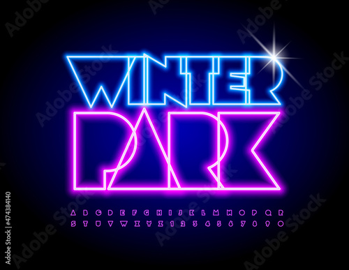 Vector colorful Neon Banner Winter Park.  Bright Glowing Font. Unique Alphabet Letters and Numbers.