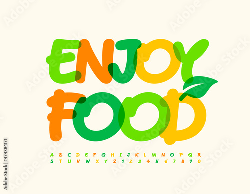 Vector inspiration poster Enjoy Food with Decorative Leaf. Bright handwritten Font. Watercolor set of Alphabet Letters and Numbers