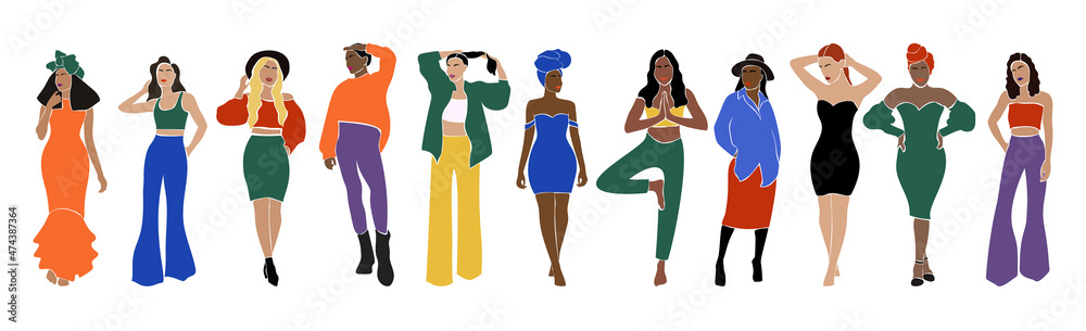 Fototapeta premium Set of abstract women characters. Fashion faceless females standing and poses. Boho Afro-American female. Modern paper cut mosaic style Minimalist vector illustration isolated on a white background.