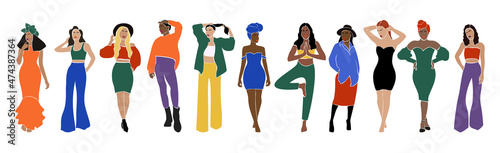 Set of abstract women characters. Fashion faceless females standing and poses. Boho Afro-American female. Modern paper cut mosaic style Minimalist vector illustration isolated on a white background.