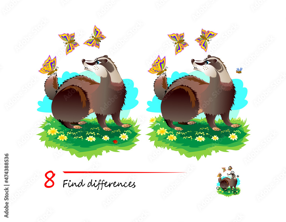 Find 8 differences. Illustration of funny little badger. Logic puzzle game  for children and adults. Page for kids brain teaser book. Developing  counting skills. IQ test. Play online. Stock Vector | Adobe Stock