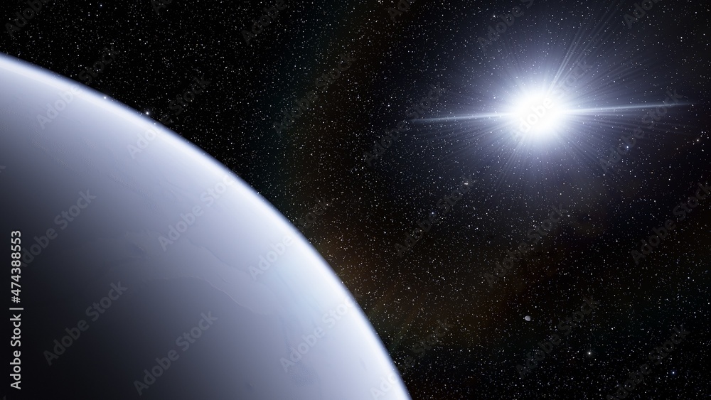 Fototapeta premium Planets of deep space in light of red and blue stars. Science fiction 3d illustration