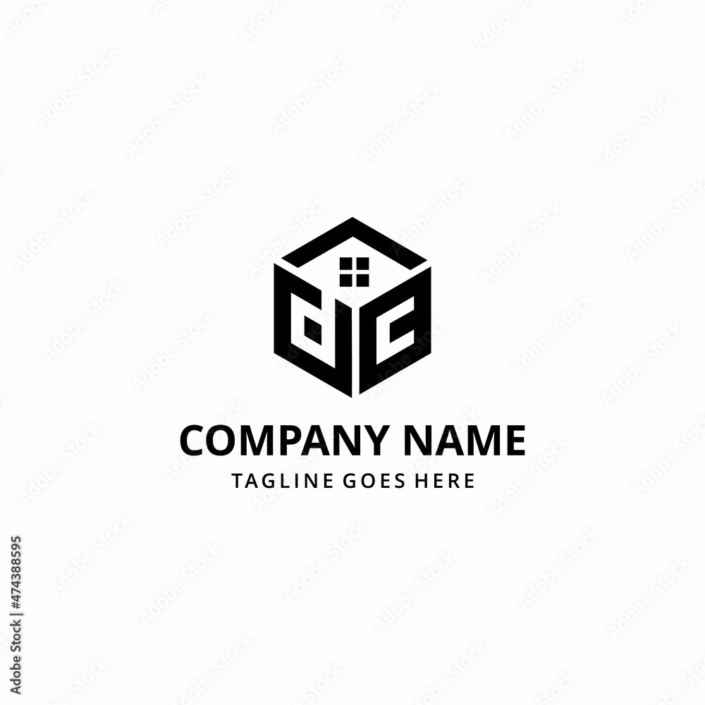 Creative modern abstract illustration initials D, C hexagon with glass window house, real estate geometric logo design