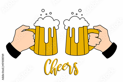 Two male hands with mugs of beer, cheers, party clinking glasses. Two friends are drinking beer. Toast pub template for a party in a restaurant or bar. Isolated vector illustration.