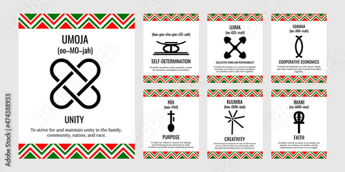 The Seven Principles of Kwanzaa signs. African American Holidays. 7 days of Kvanzaa set. Vector template for typography poster, banner, greeting card, postcard, flyer, etc. photo