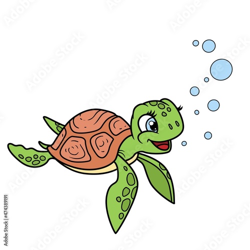 Cute little sea turtle outlined for coloring page isolated on white background